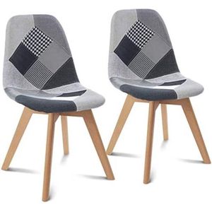 2 stoelen SARA met patchwork-motief, zwart, grijs en wit