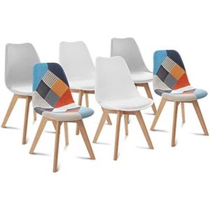 Set van 6 stoelen SARA wit x 2, lichtgrijs x 2 en patchwork meerkleurig