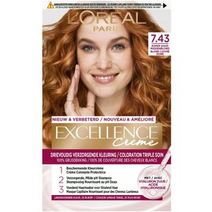 3x L'Oréal Excellence Crème Permanente Crèmekleuring 7.43 Koper Goudblond