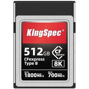 KingSpec CF Express Type B Memory Card – 512 GB, XQD Memory Cards, CFExpress Type B, 1800 MB/s leessnelheid, 700 MB/s schrijfsnelheid, 8K Raw voor DSLR, compatibel met Canon/Nikon/Panasonic camera's,