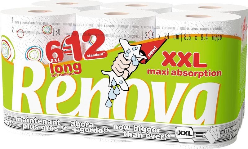 Renova XXL Keukenrol Maxi Absorptio - 2-Laag - 80 Ve - Wit (pak 6 Stuks)