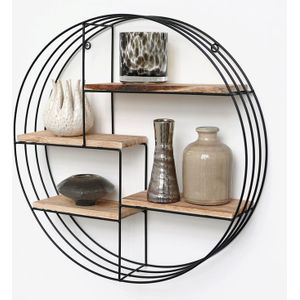 Zwart metalen wandrek industrieel met 4 houten plankjes - Rond - 50x11 cm