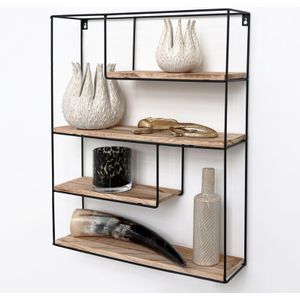 Zwart metalen wandrek industrieel met 4 houten plankjes - Rechthoek - 55x45x11 cm