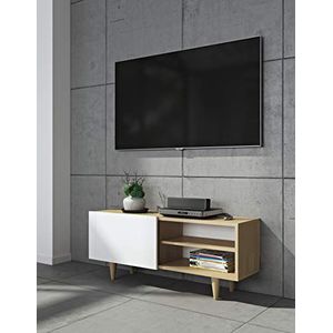 Symbiosis Cruz tv-tafel, eenvoudig recht design, met schuifdeur, front, houtmateriaal, eiken fineer en wit gelakt, 50 x 120 x 34 cm (l x b x h)