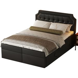 Merax Tweepersoonsbed 140x200 - Kunstleer Gestoffeerd Bed met Opbergruimte - Zwart