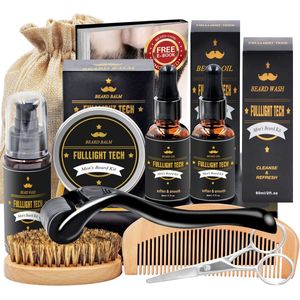 Baardverzorgingsset voor mannen, baardset, cadeau voor heren met baardshampoo, baardolie, baardbalsem, baardkam, baardschaar, baardsjablonen, cadeau voor papa