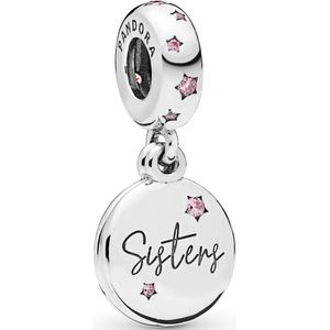 Pandora Charm Icons met opschrift ""Sisters"" (Sisters) in zilver met roze zirkonia, Zilver, Zirkonia