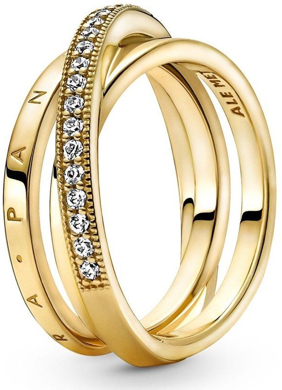 Pandora Signature Crossover Pavé Triple Band 14-karaats vergulde ring met heldere zirkoniasteentjes, 52