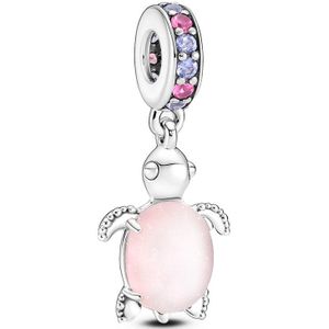 PANDORA Murano Glass Pink Sea Turtle Dangle Charm 798939C02, Eén maat, Sterling zilver, Zirkonia