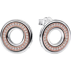 PANDORA - Signature Bicolor Logo & Pavé Oorstekers - Sterling Zilver - Zirkonia