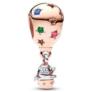 PANDORA Moments Bicolor Weihnachtsmann in Heißluftballon Charm aus Sterling Silber mit rosévergoldeter Metalllegierung, Zirkonia, Kompatibel Moments Armbändern, 782976C01
