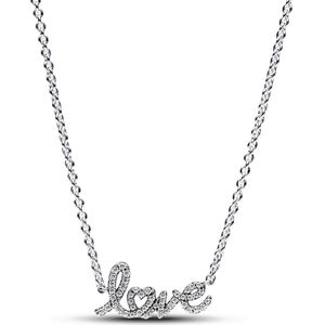 PANDORA Moments Funkelnde Handgeschriebenes Love Collier-Halskette aus Sterling Silber mit Zirkonia, Länge: 45cm, 393076C01-45