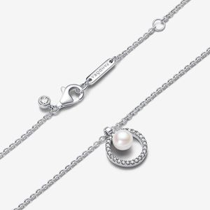 Pandora Timeless Sterling zilveren ketting met witte behandelde zoetwaterparel en heldere zirkonia, Sterling Zilver, Zirkonia