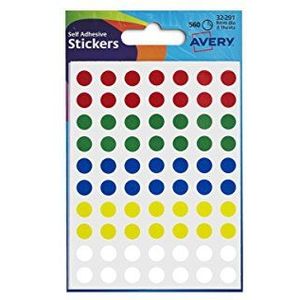 Avery 32-291 Pakket van Dot Stickers (8 mm Dia, 560 labels) - Diverse kleuren