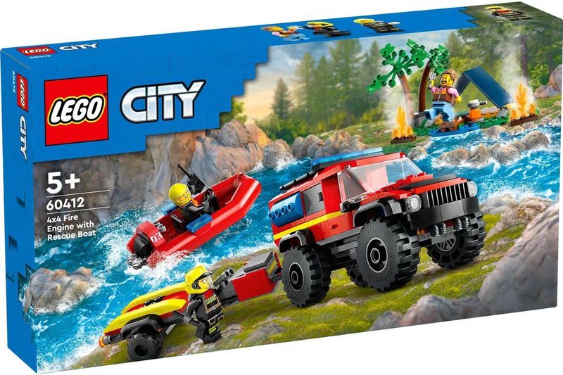 LEGO City - 4x4 Brandweerauto - Bouwpakket - Rood - Inclusief Reddingsboot en Minifiguren