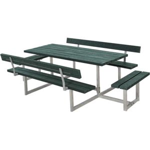 Picknicktafel gerecycled kunststof - Basic - groen 4 banken 2 met rugleuning - 184 x 260 x 75 cm