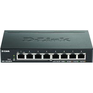 D-Link DGS-1100 Series 8-Port Gigabit PoE Smart Managed Switch met 8 PoE Poorten, 64W PoE power budget, 802.3af/at, VLAN support, layer 2 features, QoS, 802.3az EEE, Fanless