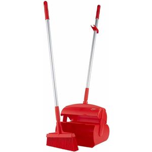 Vikan - Stoffer en Blik met Lange Steel - Veger afgeschuinde haren - Afsluitbaar - Rood