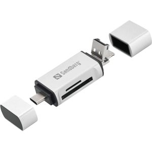Sandberg Kaartlezer USB-C + USB + MicroUSB geheugenkaartlezer zilver - kaartlezer (MicroSD (TransFlash), SD, zilver, USB, 1 stuk, 80 mm, 16 mm)
