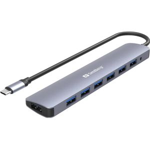 Sandberg USB-C, naar 7 x USB 3.0, Hub (USB A), Docking station + USB-hub, Grijs