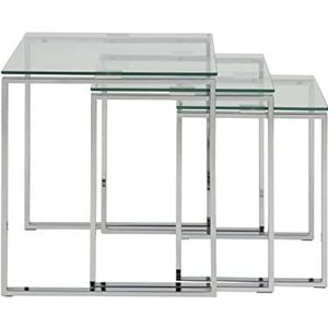 AC Design Furniture Jannis Set van 3 bijzettafels van transparant glas en verchroomd metaal, salontafel 3-delig voor woonkamer, salontafelset, modern design, H: 55 x b 50 x d: 50 cm