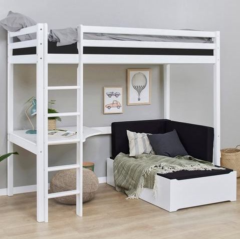 Hoppekids Hochbett »ECO Dream 90x200 mit Schreibtisch & Loungesofa / Gästebett«, Kinderbett aus Massivholz, Sofa ausziehbar zum Gästebett