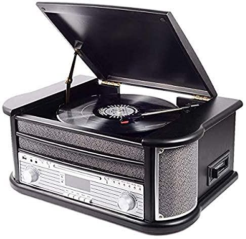 Denver MRD-51BLACK vinylspeler. Dab en FM digitale radio, cd-speler en cassette. 5W luidsprekers. Opnamefunctie. Retro design. Houten behuizing. Zwart