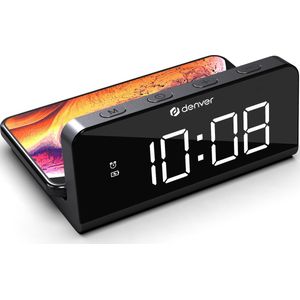 Digitale LED-wekker met draadloos opladen, digitale wekker en Qi-oplader in één, zwart