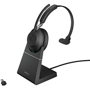 Jabra Evolve2 65 Wireless PC Headset with Charging Stand – Noise Cancelling UC Certified Mono Headphones With Long-Lasting Battery – USB-C Bluetooth Adapter – Black