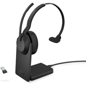 Jabra Evolve2 55 draadloze mono headset met oplaadstandaard Jabra Air Comfort technologie noise cancelling microfoons en ANC werkt met UC-platforms zoals Zoom en Google Meet Zwart