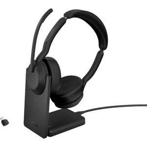 Jabra Evolve2 55 draadloze stereo headset met oplaadstandaard, Jabra Air Comfort technologie, noise cancelling microfoons en ANC - werkt met UC-platforms zoals Zoom en Google Meet - zwart