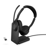 Jabra Evolve2 55 draadloze stereo headset met oplaadstandaard Jabra Air Comfort technologie noise cancelling microfoons en ANC werkt met UC-platforms zoals Zoom en Google Meet Zwart