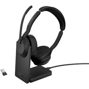 Jabra Evolve2 55 draadloze stereo headset met oplaadstandaard, Jabra Air Comfort technologie, noise cancelling microfoons en ANC - MS Teams-gecertificeerd, werkt met andere platforms - zwart