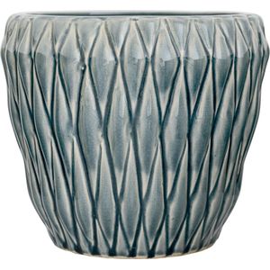 Hoog Planter - Geometrisch Reliëf - Blauw - Keramisch