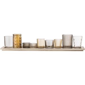 Bloomingville Sanga dienblad met waxinelichtjes - Glas/Hout - Bruin - set van 10 - L56xH10xB14 cm
