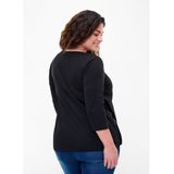 Zizzi - Top - Zwart - Dames - Katoenmix - Ronde Hals - 3/4 Mouwen