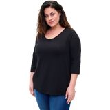 Zizzi - Top - Zwart - Dames - Katoenmix - Ronde Hals - 3/4 Mouwen