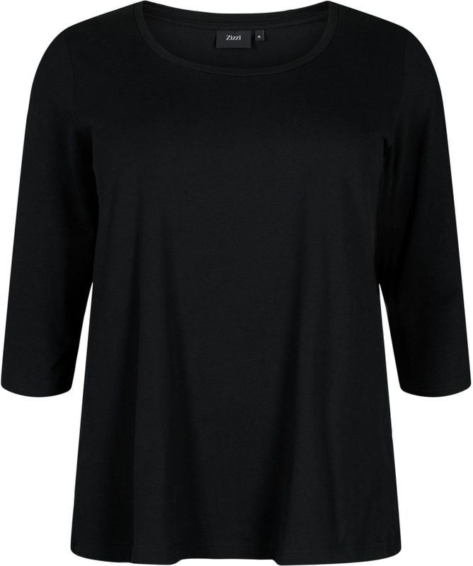 Zizzi - Top - Zwart - Dames - Katoenmix - Ronde Hals - 3/4 Mouwen