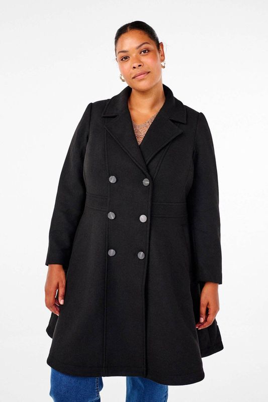 Zizzi - Jas - Zwart - Dames - Polyestermix - Reverskraag - Lange Mouwen