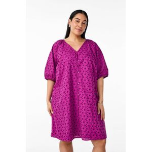 Zizzi - Korte Jurk - Violet - Broderie - Katoen - V-hals met Knoopsluiting