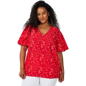 Zizzi - Blousetop - Rood - Katoen - Vleermuismouwen - Korte Mouwen - V-hals