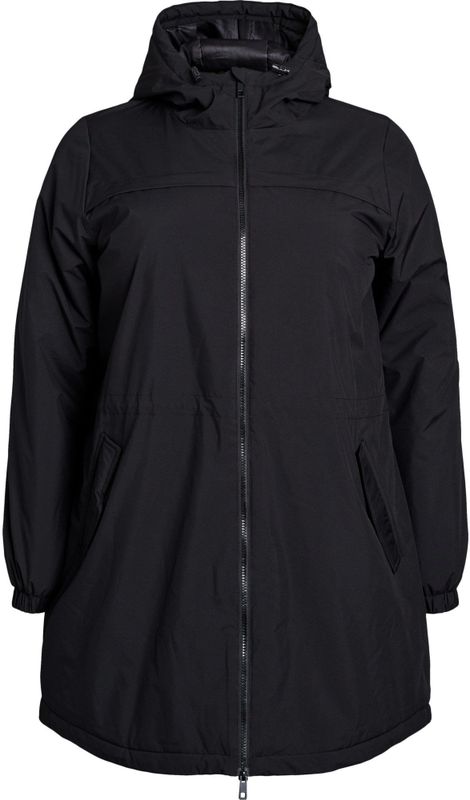 Zizzi - Parka - Zwart - Dames - Geschikt voor Winter - Met Knoopsluiting en Reverskraag