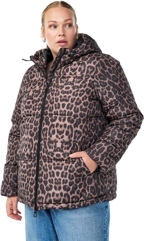 Zizzi - Calea - Gewatteerde Jas - Bruin / Zwart - Met Capuchon en Ritssluiting