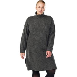 Zizzi - Wollen Jurk - Grijs Melange - Met Col - Lange Mouwen