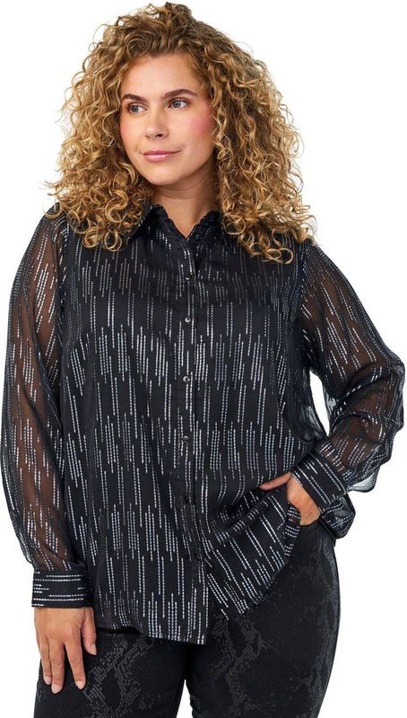 Zizzi - Blouse - Zwart - Polyester - Rechte Mouwen - Knoopsluiting