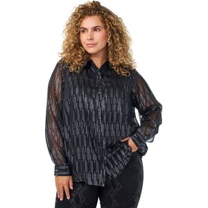 Zizzi - Blouse - Zwart - Polyester - Rechte Mouwen - Knoopsluiting