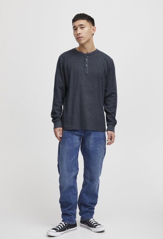 BLEND - Noble - T-shirt - Navy - Jersey, Henley Hals, Lange Mouw