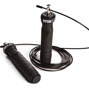 Ippon Gear JITA08 Springtouw voor volwassenen en kinderen, Duits merk, met gewicht, verstelbare stalen kabel, professionele kogellagers, anti-slip handgrepen voor crossfit, boxer, enz., zwart