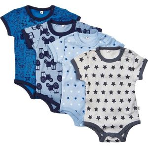 Pippi - 4-Pack - Rompertjes - Blauw - 100% Katoen, Korte Mouwen, Drukknopen