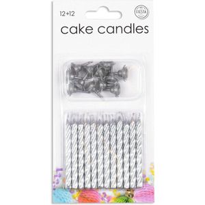 12 Cake Kaars + 12 Houders Zilver